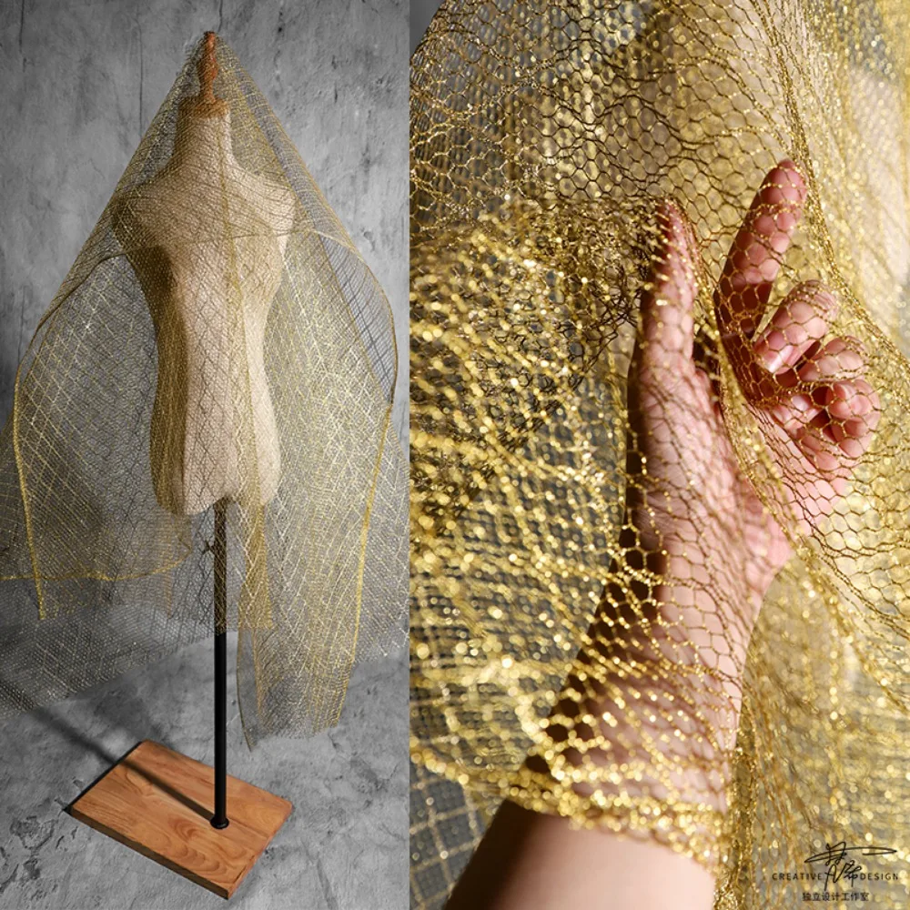 

Organza Special Styling Material Imitation Steel Mesh Fabric Black Metallic Rhombus Super Stiff Clothing Designer Fabric