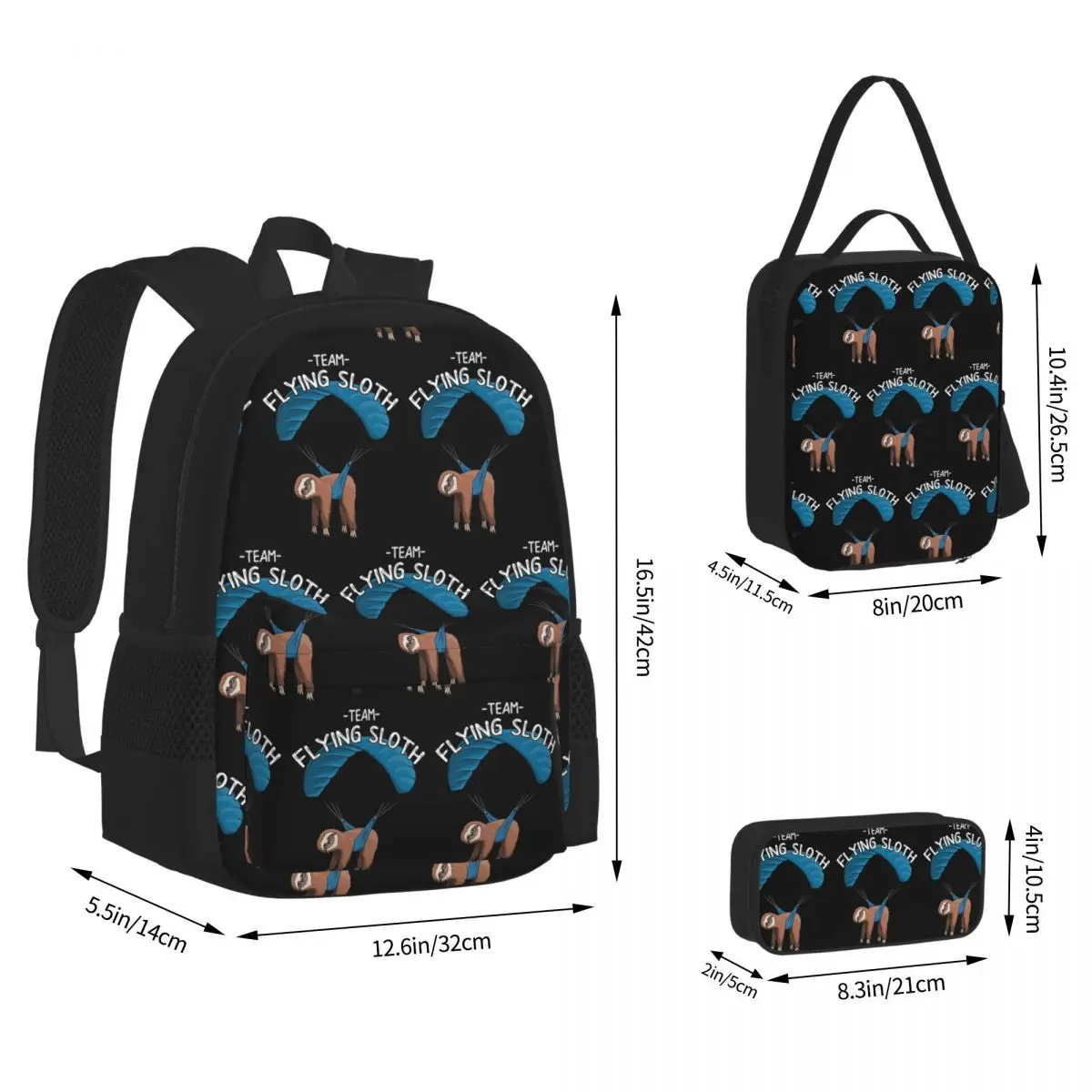 Paragliding Flying Sloth Sunglasses Skydiver Paraglider Backpacks Bookbag School Bags Rucksack Lunch Bag Pen Bag Three-Piece Set