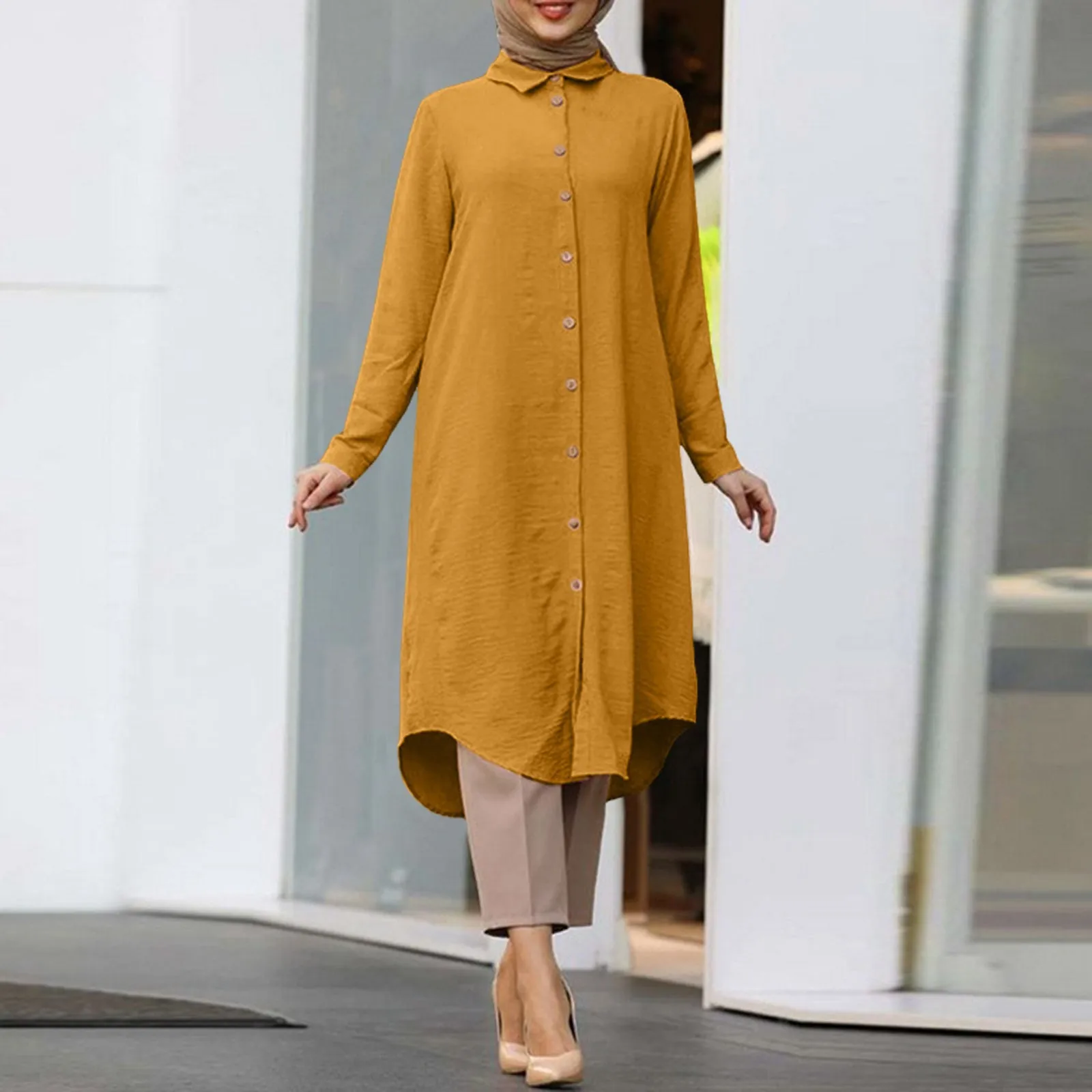 

Muslim Solid Mid-Length Shirt Dress For Women Dubai Abaya Fashion Single-Breasted Long Shirt Top Turkey Arab Islam muslim tops