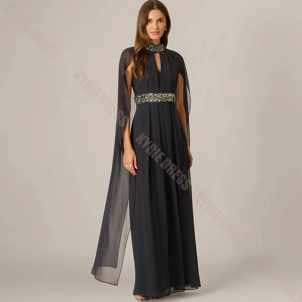 Vestido de novia personalizado para la madre de la novia, con capa, cuello alto, adornos de cuentas, corte en línea A y tejido de gasa, ideal para mujeres, como vestido de invitada a una boda o para fiestas.