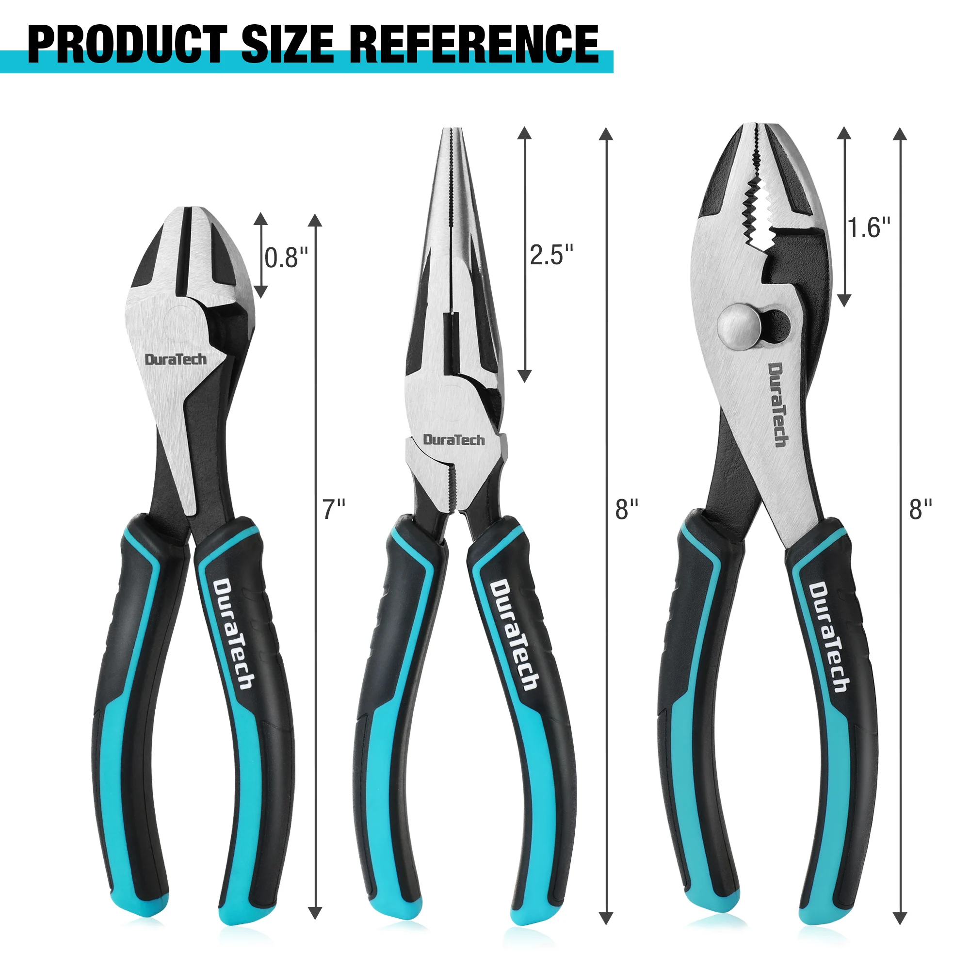 DURATECH 3PCS Plier Set Premium Cr-Ni Construction, Pliers Tool Set Including 8 Inch Needle Nose Pliers, Slip Joint Pliers