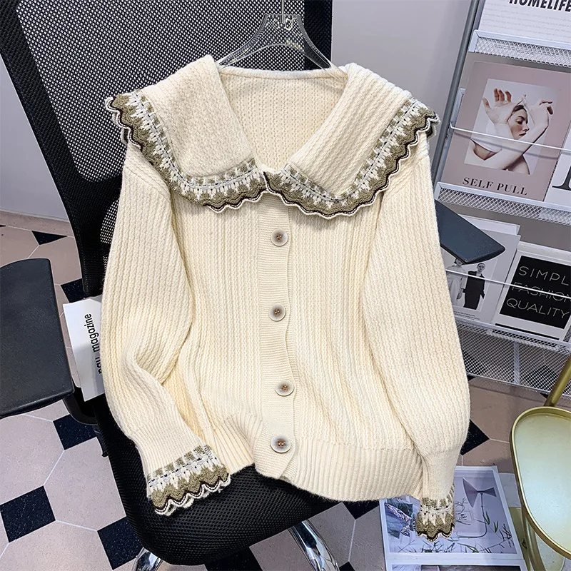 2024 College Style Doll Collar Sweater Plump Girls Thick Knit Cardigan Trend Wholesale