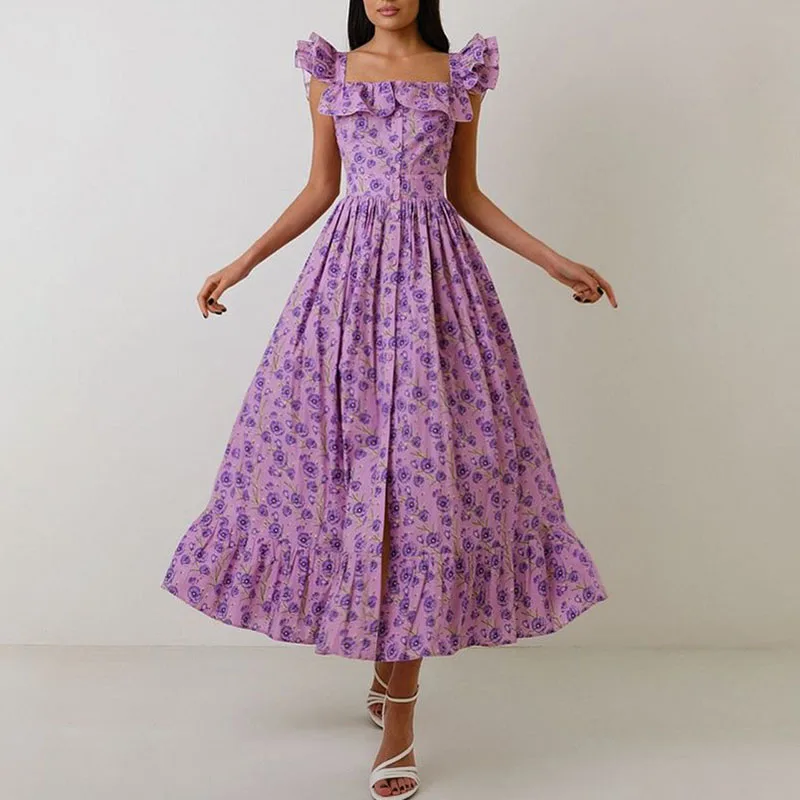 Sexy Square Neck Flying Sleeve Long Dress Elegant Floral Print Hight Waist Party Dress Women Fashion Button Pleated Bohe Dresses