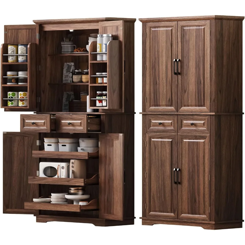 

71.3" Tall Kitchen Pantry Cabinet with 3 Pull Out Organizers, Farmhouse Embossed Storage Cabinet with 6 Door Shelves, 2 Drawers,