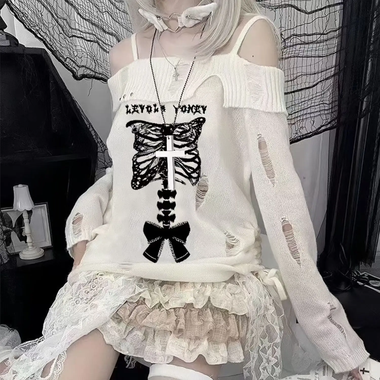 Japanese Vintage Subculture Butterfly Bone Embroidery Off Shoulder Hole Sweater Sweet Girl Cool Hottie Knitted Pullover Sweater