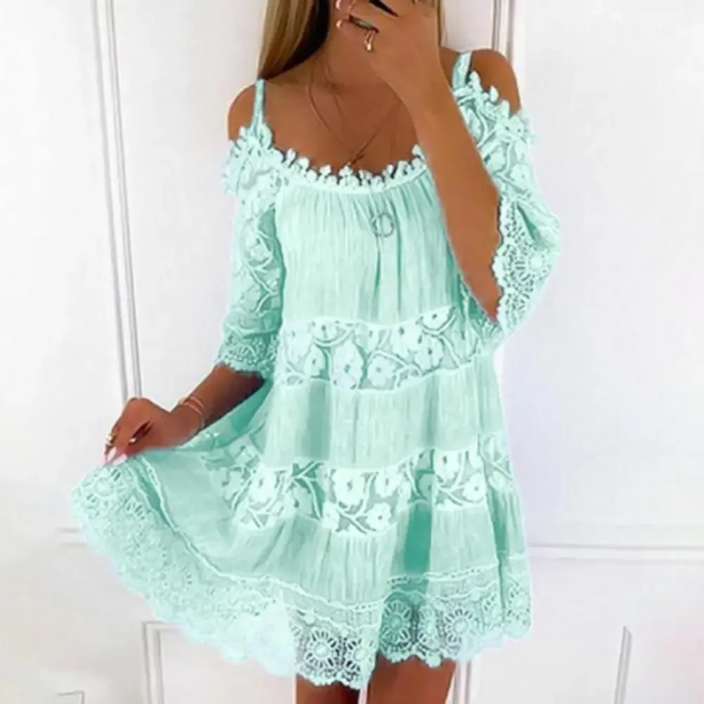 Embroidery Crochet Lace Cold Shoulder Mini Dress Women Scoop Neck Half Sleeves Mid-Rise Loose Fit Summer Dress Lady Beach Dress