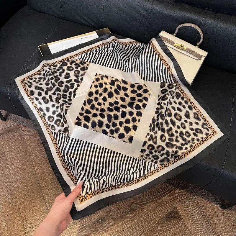 70*70cm Leopard Print Silk Scarf For Women Spring Summer Soft Satin Borders Square Bandana Sun Protection Shawls Hair Scarf Lady