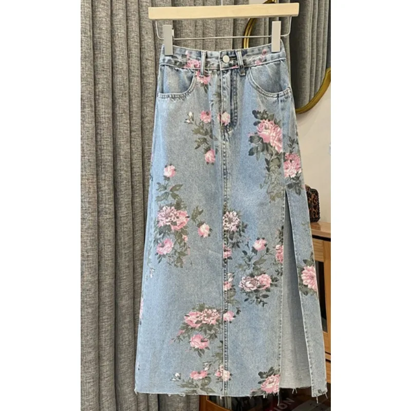 

Floral Print Denim Long Skirts Women Spring Summer Vintage Elegant Jeans Skirt Side Split High Waist Women Half Body Skirt