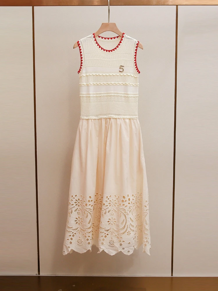 High End Women's Summer Korean Version Fashion Niche Design Sense Contrasting Color Edge Hollow Vest Dress