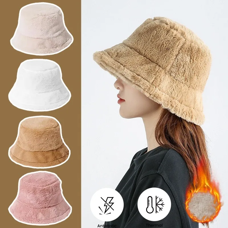 Winter Warme Fischer Hut Mode Koreanische Fuzzy Plüsch Flauschigen Winddicht Verdickt Ohr Schutz Eimer Kappe