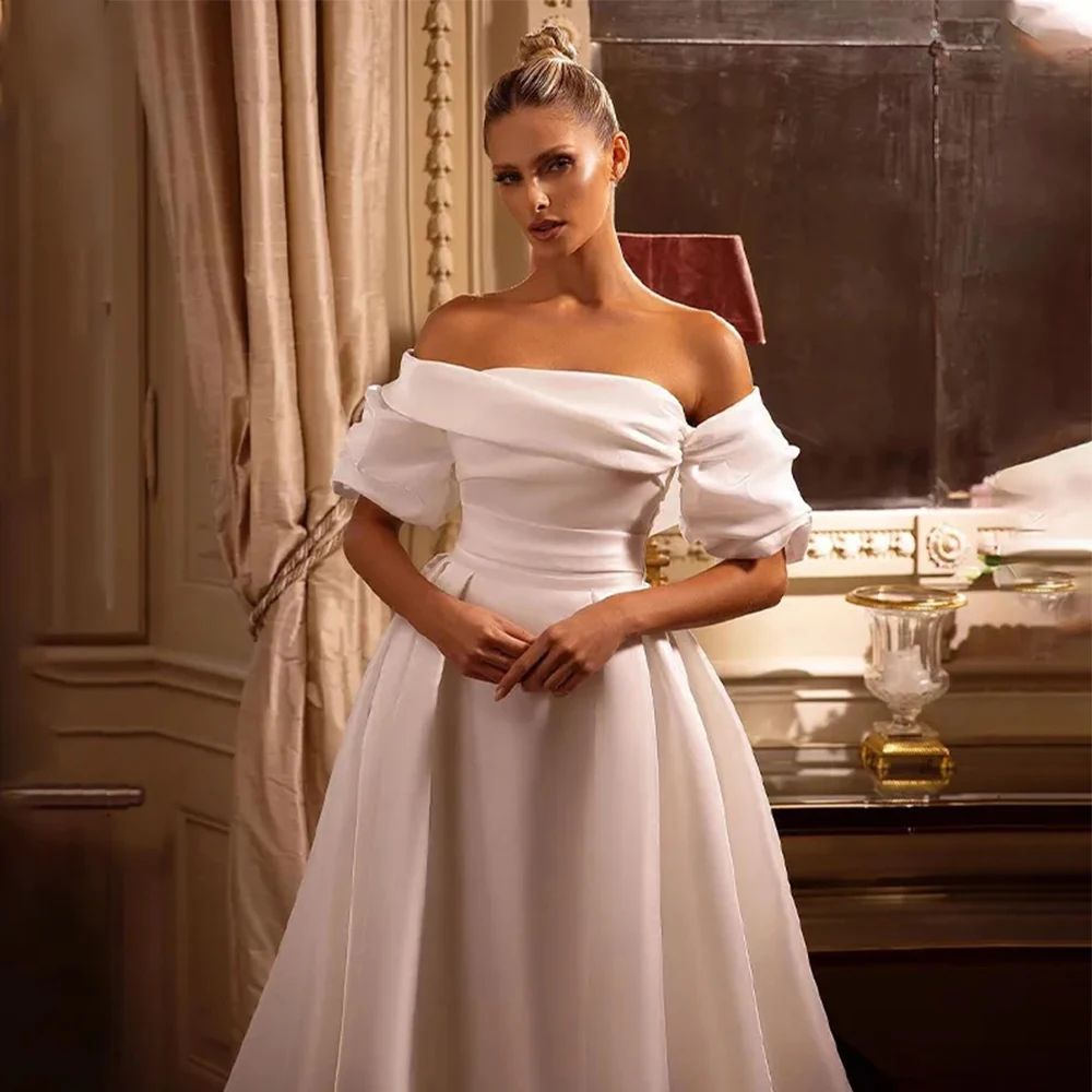 

Luxury Mermaid Wedding Dresses Gorgeous Satin Sexy Backless White Off Shoulder Fluffy Sleeves Vintage Mopping Bridal Gown 2023