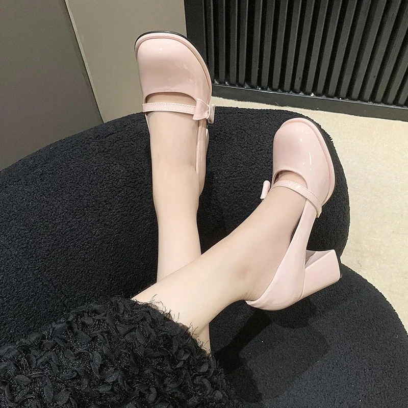 Sweet Bowknot High Heels Mary Janes Women Cute Round Toe Patent Leather Pumps Woman Slip-On Square Heeled Bow Party Shoes Ladies