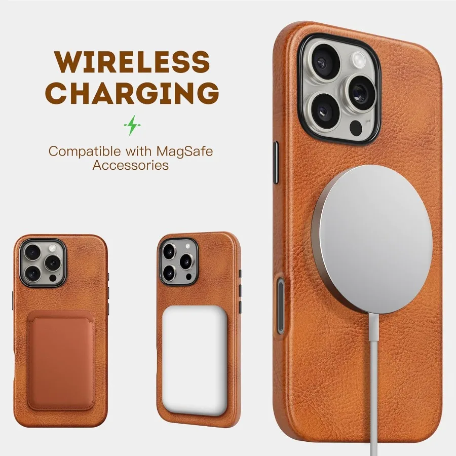 Кожаный чехол премиум-класса с масляным воском и верхним зерном для iPhone 16 Pro 6,3 дюйма, совместимый с MagSafe, прочными металлическими кнопками и Precisio