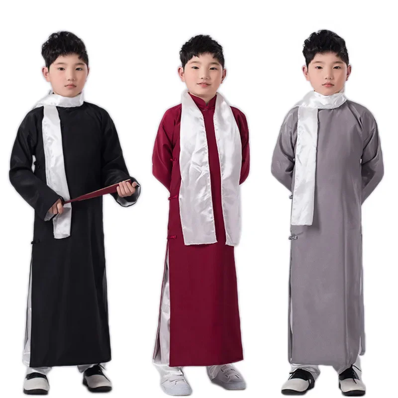 Kids Trench Coat Spring Autumn Long Jacket Kung Fu Overcoat Vintage Chinese Style Long Robe Child Cross Talk Costumes