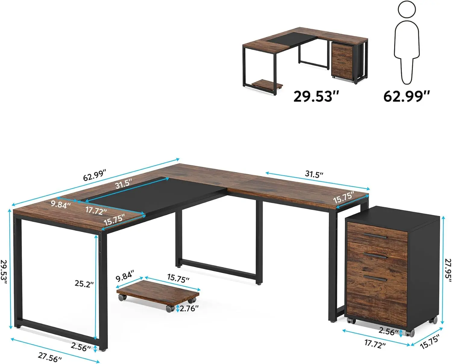 โต๊ะคอมพิวเตอร์ L-Shaped ขนาด63 "พร้อมตู้เก็บเอกสารเคลื่อนที่โต๊ะทำงานขนาดใหญ่พร้อมชั้นเก็บเอกสารแนวตั้ง3ลิ้นชักชุดเฟอร์นิเจอร์