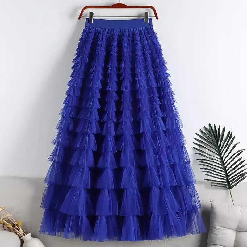 Chamliforve Women Tulle Mesh Skirt Elegant Elastic Waist Fairy Long A-line Tutu Skirt for Spring Summer Long Cake Skirt