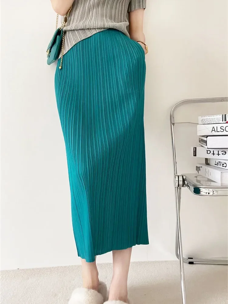 Pleated Half Skirt Women's Pressed Pleated Skirt 2024 Summer Skirt Solid Color After Open Mid-length Solid Color