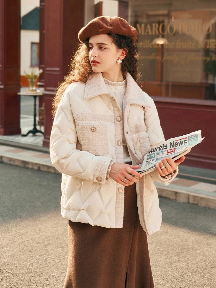 OLrain Tweed Piumino Donna Inverno 2025 Nuova Splicing Caldo Turn-down Top Elegante Manica Lunga Imbottiture Cappotti Donna G23DY86083