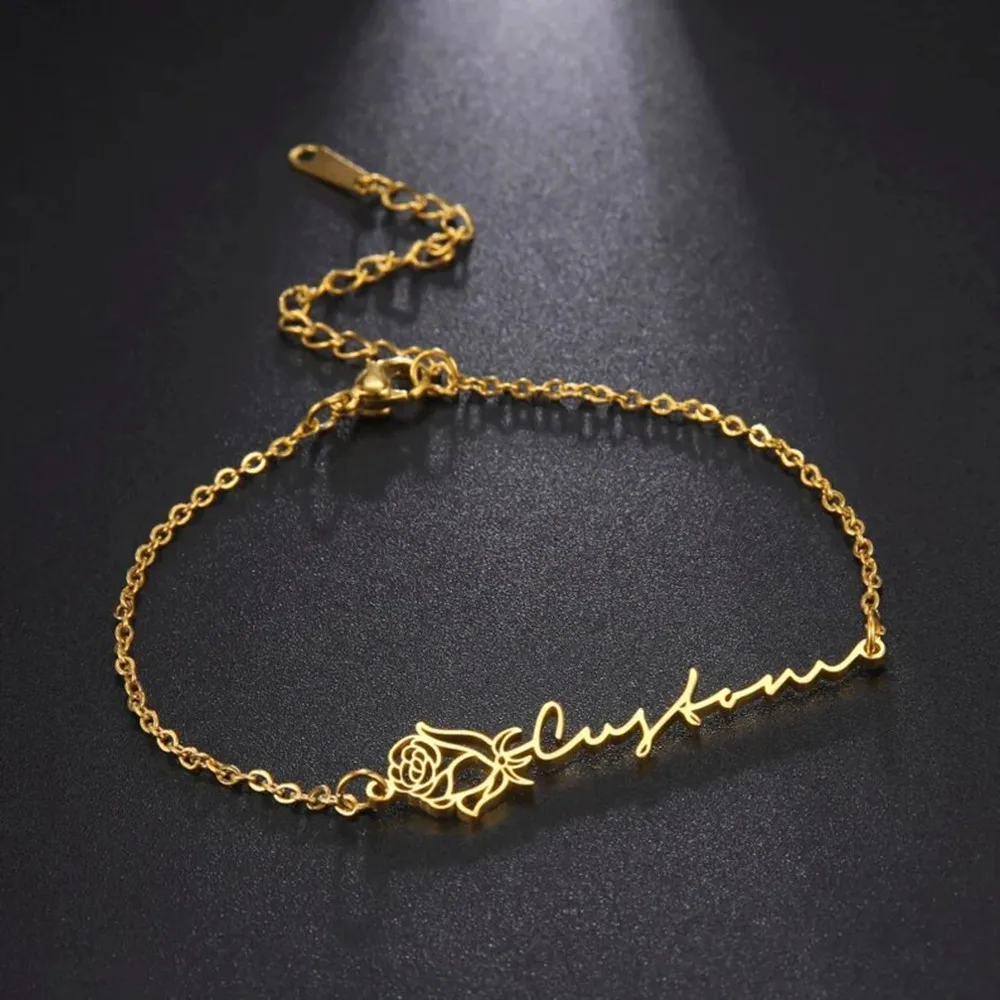 Custom Birthflower Name Bracelets For Woman Gold Plated Stainless Steel December Birth Flower Pulseras Personalized Gifts