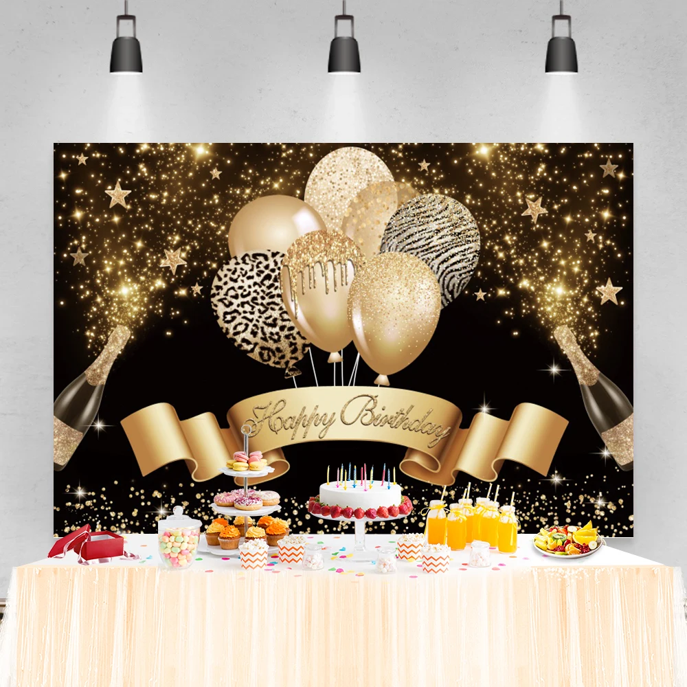 

Happy Birthday Photography Background Golden Star Balloons Decor Family Celebration Party Portrait Custom Poster Photo Backdrop