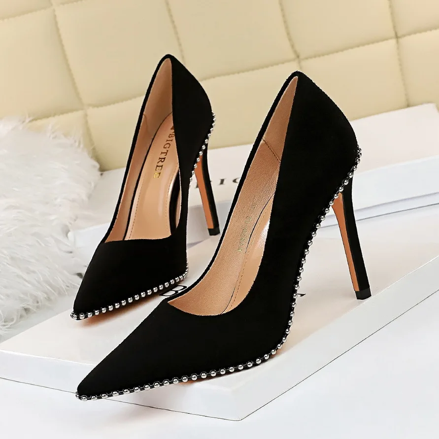 

BIGTREE Fashion New Women Pumps Pointed Toe Wedding Chain Flock 10.5CM Thin Heels Sexy in High Quality Trend Ladies Woman Shoes