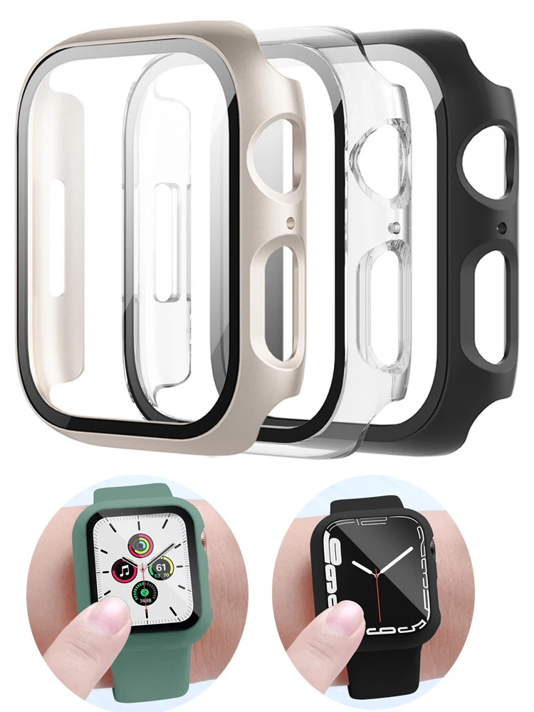 3PCS gehärtetes Glas + Abdeckung für Apple Watch Zubehör 45mm 41mm 44mm 40mm Displayschutzfolie Apple Watch Case Serie 9 4 5 6 SE 7 8
