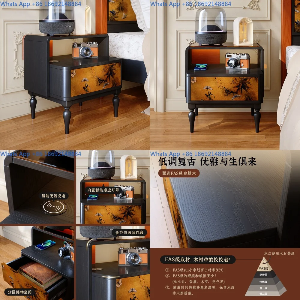 

French vintage style solid wood bedside cabinet for bedroom small space mid century design storage table with shelving unit