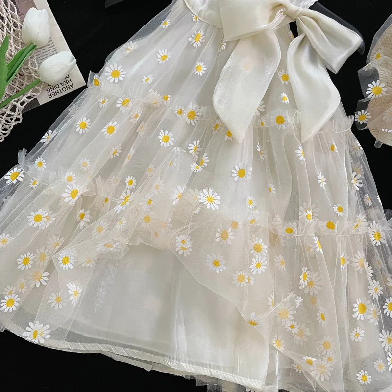 2025Summer New Style Sleeveless Daisy Mesh Solid Color Dress for Girls0049