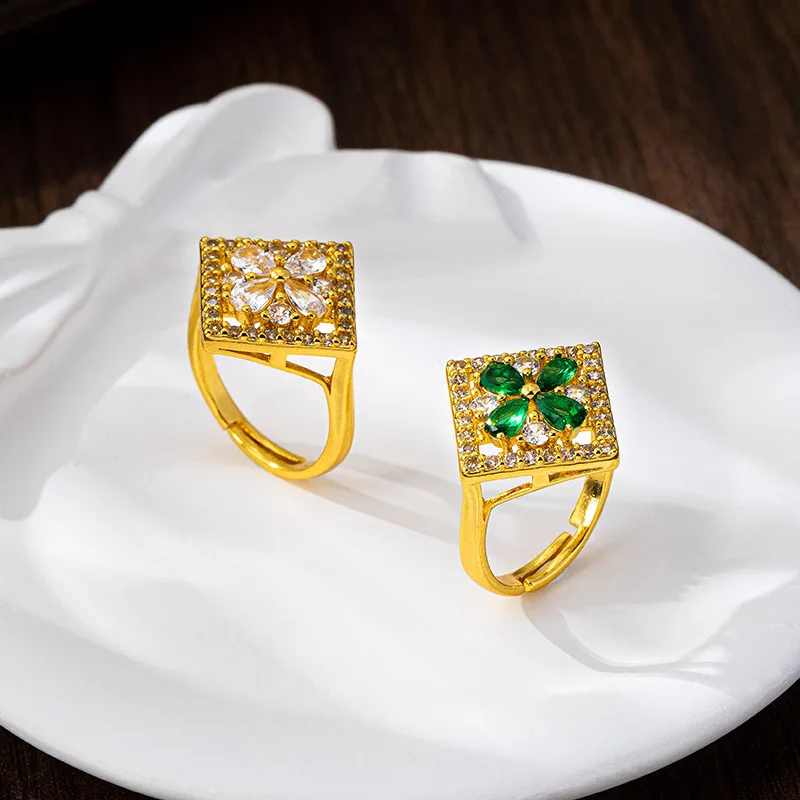 

Green Zircon-Inlaid Open Ring Women 24K Gold AU999 - Elegant gold-green contrast, user-friendly open design, soft 24K luster