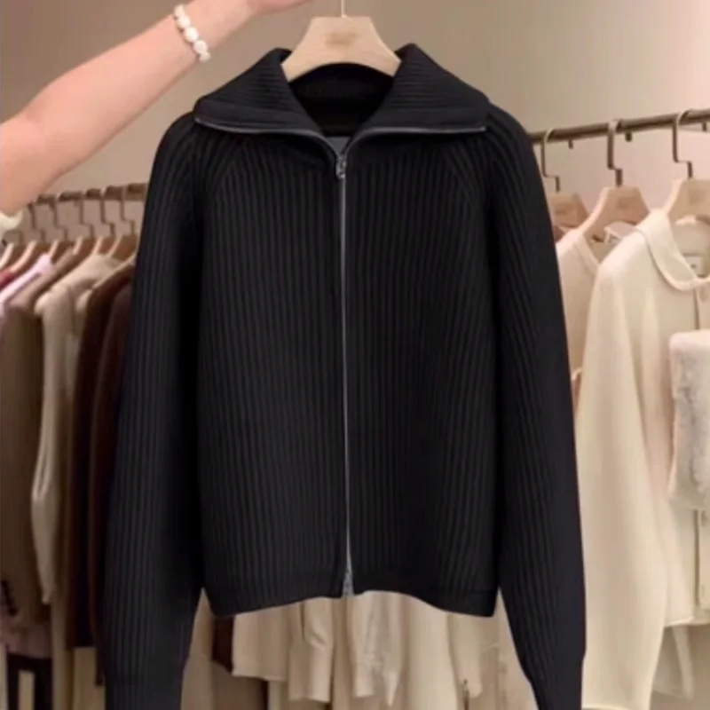 100% 메리노 울 여성용 라펠 지퍼 가디건 가을 겨울 두꺼운 캐주얼 패션 니트 캐시미어 스웨터