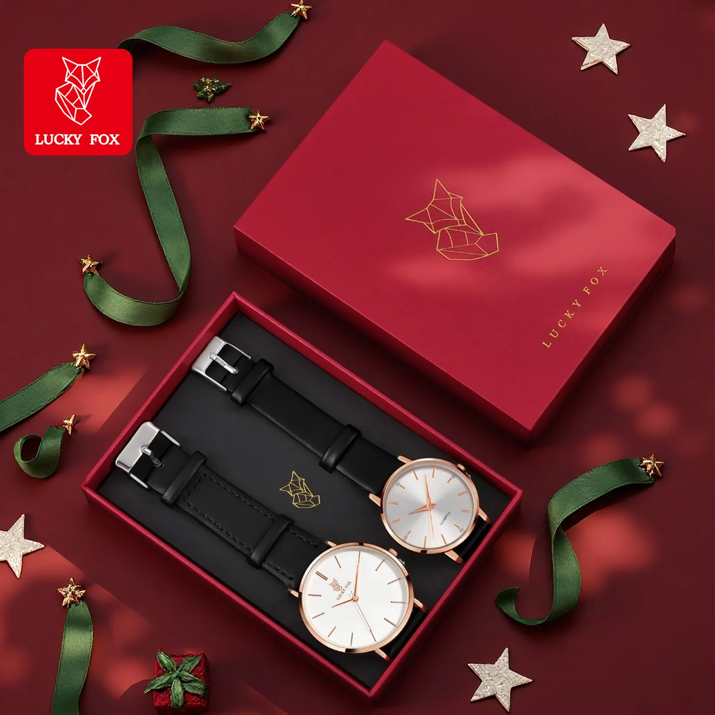 LUCKY FOX 2PCS Couple Watches Men's Business Watches Fashion Pointer Women's Quartz Watches Christmas Gift Box Set