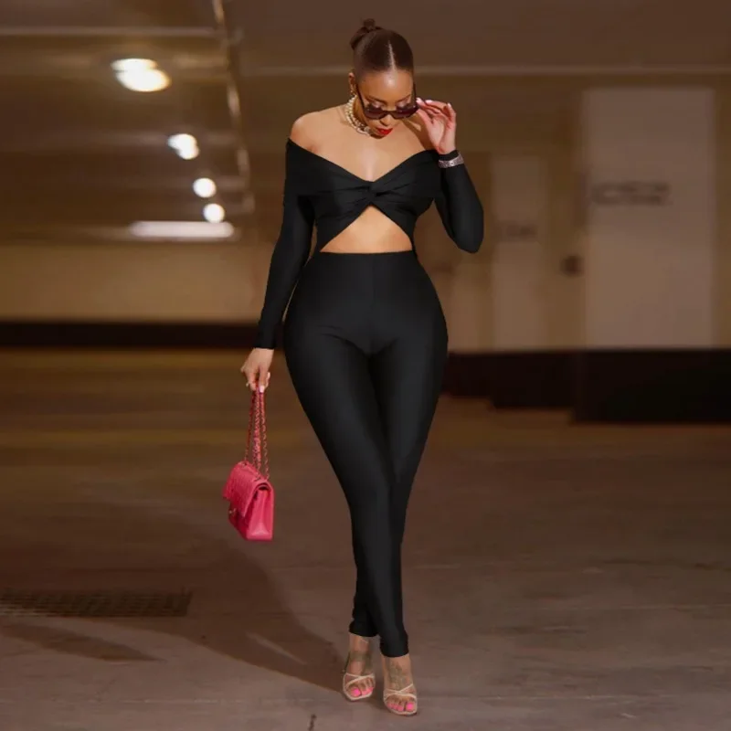 EOENKKY 여성용 섹시 파티 클럽웨어 긴팔 점프수트 2025 봄 여름 슬래시 넥 크롭 원피스 수트 롬퍼