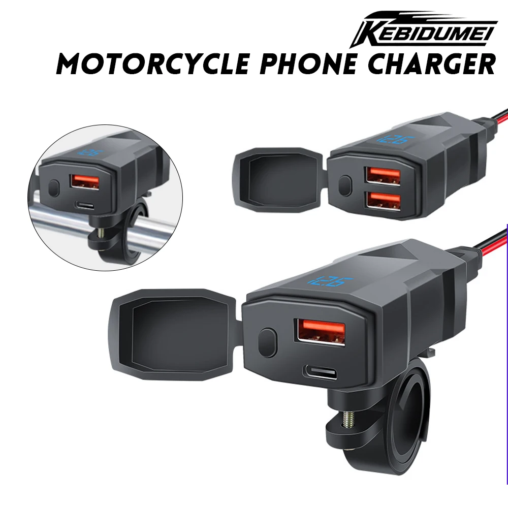 

KEBIDUMEI Motorcycle Charger with Digital Display Waterproof Handlebar Socket QC3.0 Power Supply Adapter Motorcycle Accessories