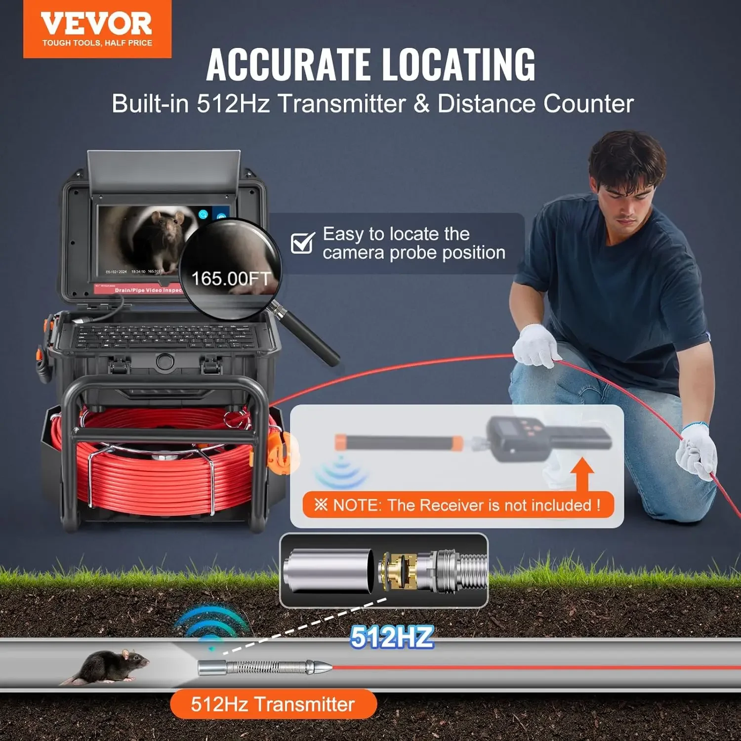 Sewer Camera 165 ft 50m Self Leveling Drain Camera with 10 1 Touchscreen 512Hz Transmitter Distance Counter IP67 Snake