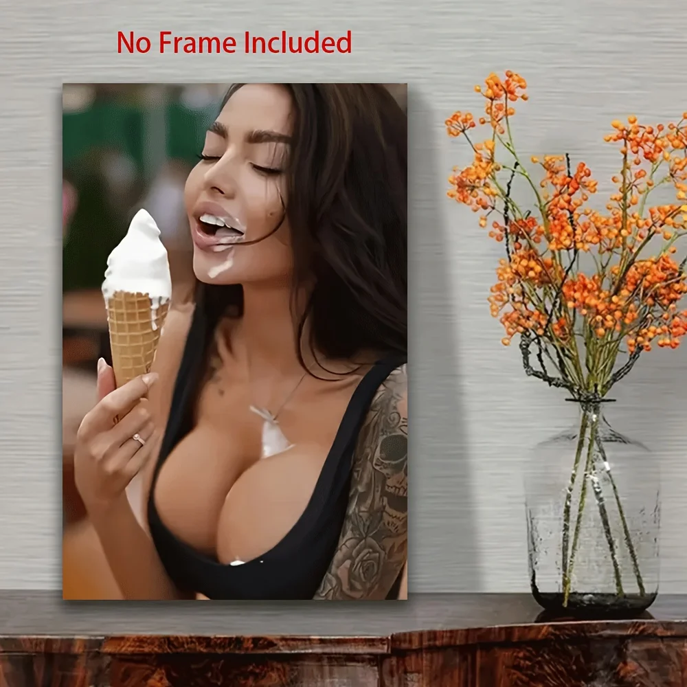 Chic & Seductive Canvas Art - Elegant Bikini-Clad Woman with Ice Cream, No Frame, Perfect for Living Room, Office, or Holiday D