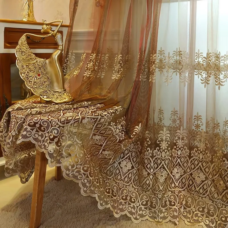 

Customized Size European High-end Embroidered Gauze Curtains Living Room Balcony Bedroom Window Screen Finished Curtains