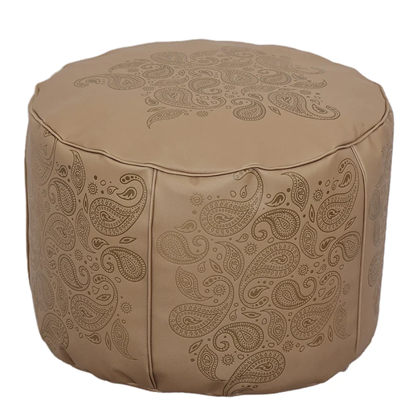 Vintage Paisley Pattern Round Pouf Ottoman Faux Leather Footrest for Living Room Bedroom Boho Decorative Floor Seat