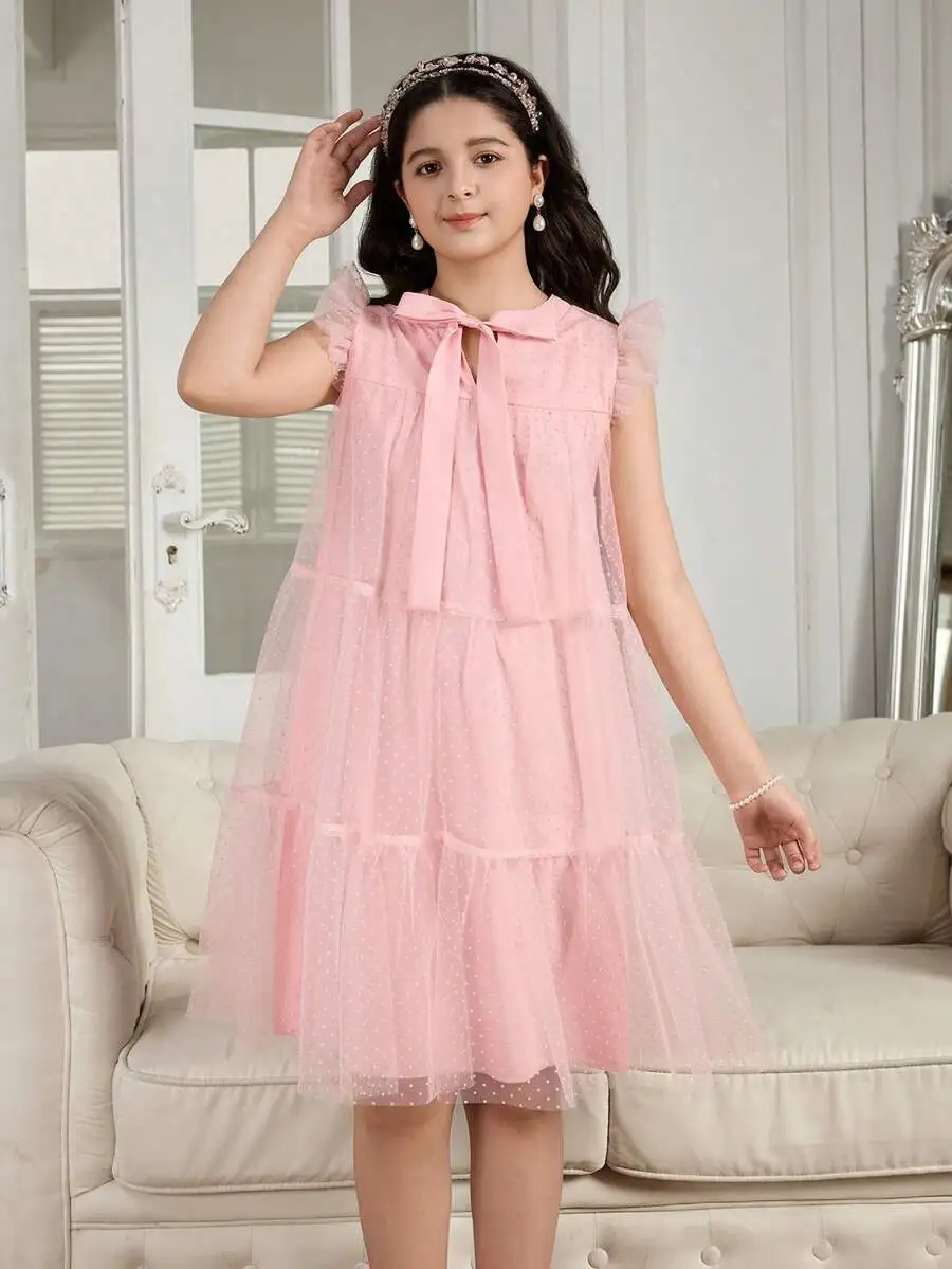 

Elegant Sleeveless Pink Polka Dot Tulle Dress With Bow Neckline For Formal Evening