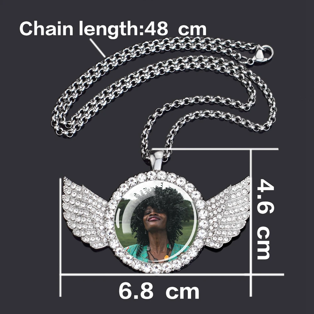 Collier Personnalisé avec Photo et Ailes d'Ange, Pendentif en Strass, Cadeau Créatif, Bijoux Hip Hop