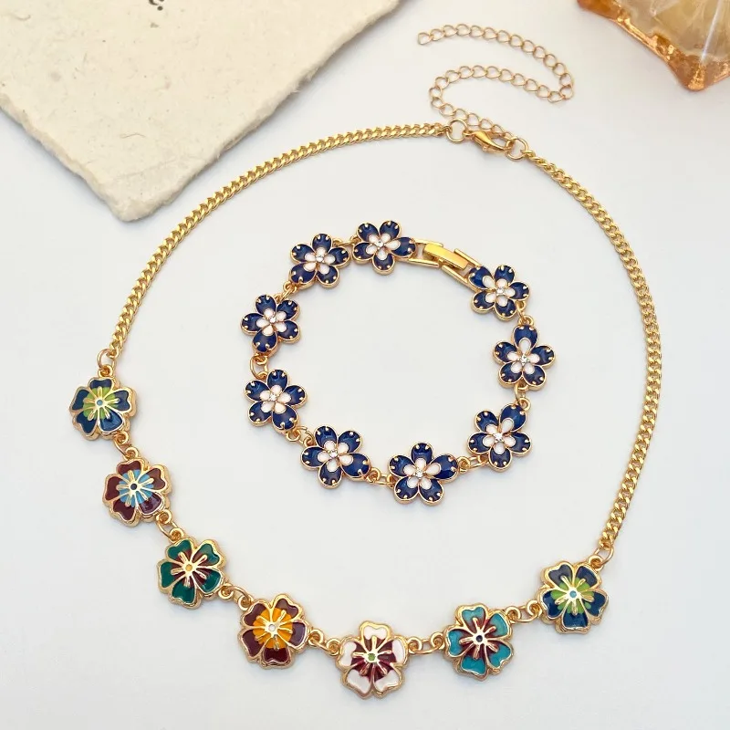 LENNIK レトロ ドリップ オイル フラワー レディース ブレスレット、レディース ライト ラグジュアリー 多用途、高級、カラフルなフラワー ペンダント ジュエリー