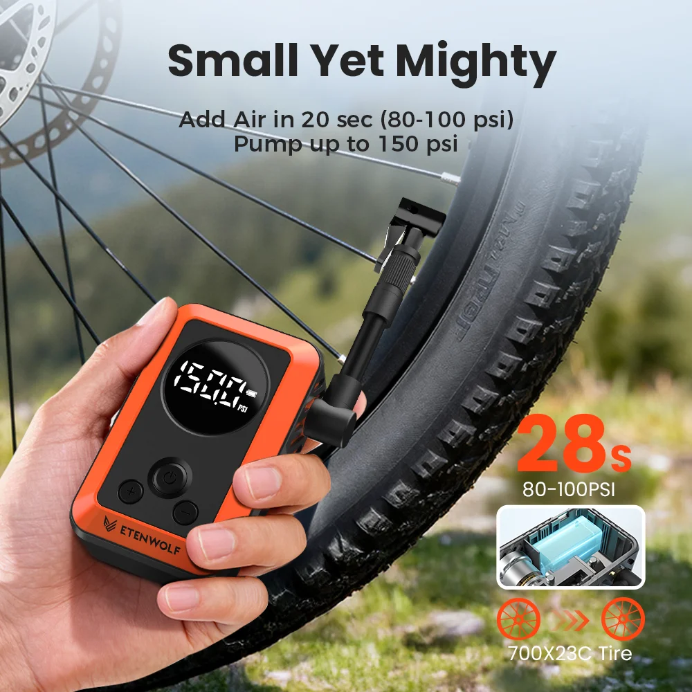 New ETENWOLF S0 Mini Electric Bike Pump Cordless 2400mAh Portable Tire Pump w/ Screen For Motorcycles Balls 150PSI Max Pressure