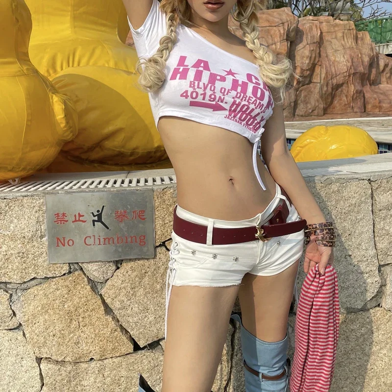 New In 2023 Women Japanese Harajuku Punk Skull Low Waisted Lace-up Denim Shorts Gothic Rock Sexy Hot Super Shorts For Women Plus