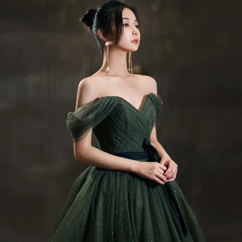 

Temperament Evening Dress Off Shoulder Strapless Bowknot Belt Shiny Blingbling Tulle Banquet Gown Sexy Floor-Length Ball Dresses