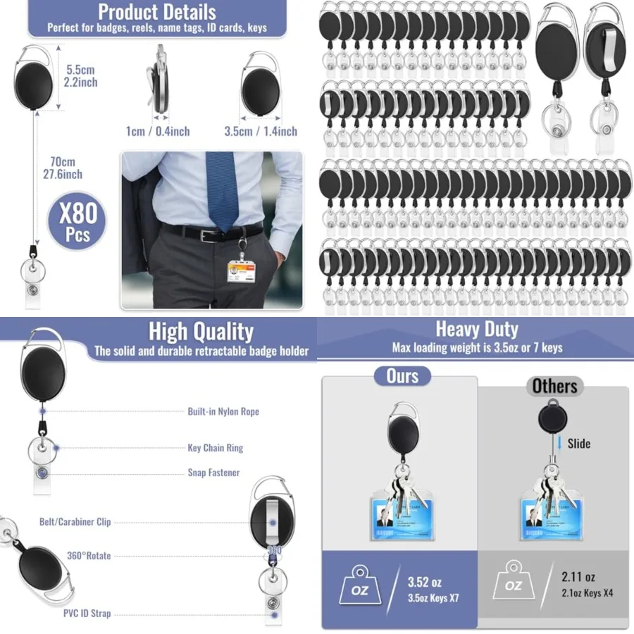

Pcs Badge Reels Retractable Bulk ID Badge Holders Retractable Lanyards with Carabiner Reel Clip for Keys, Badge Name Card Holde