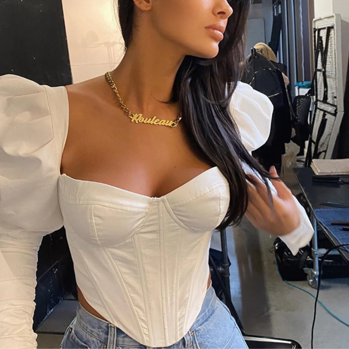 Women Vintage Elegant Long Sleeve Square Neck Camisole Corset  Slim Fit Sexy Bustier French White Top Lingerie Tank Tops T-shirt
