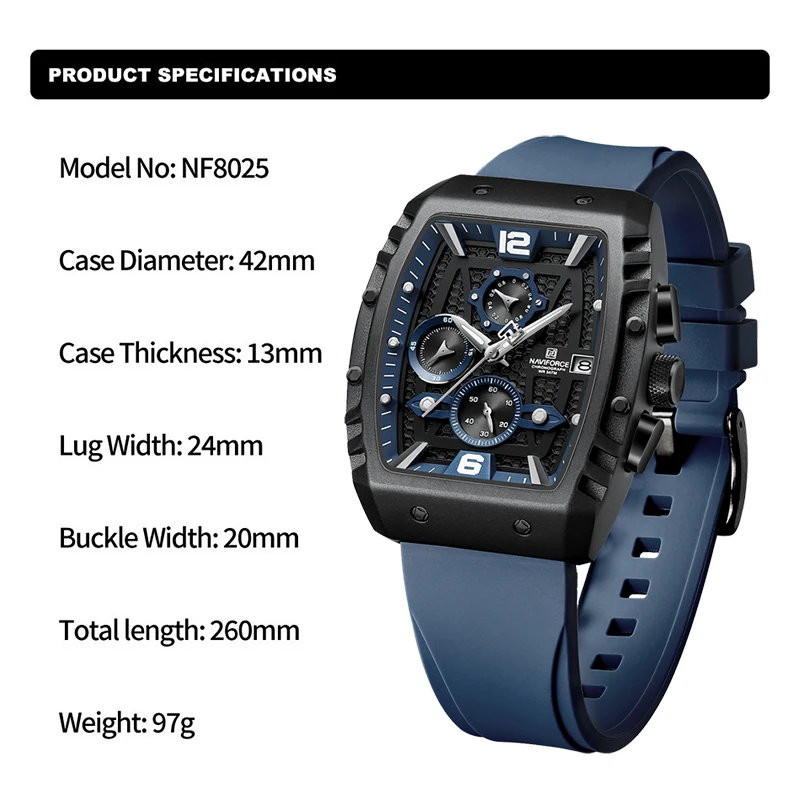 NAVIFORCE-reloj de cuarzo multifunción para hombre, cronógrafo deportivo con correa de silicona, resistente al agua, NF8025