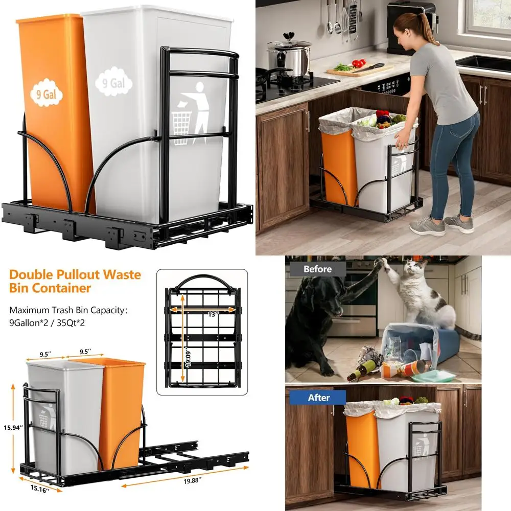 

Double Pull Out Trash Can Rack Under Cabinet, Fits 7-9 Gallon Bins, Sink Area Storage Solution