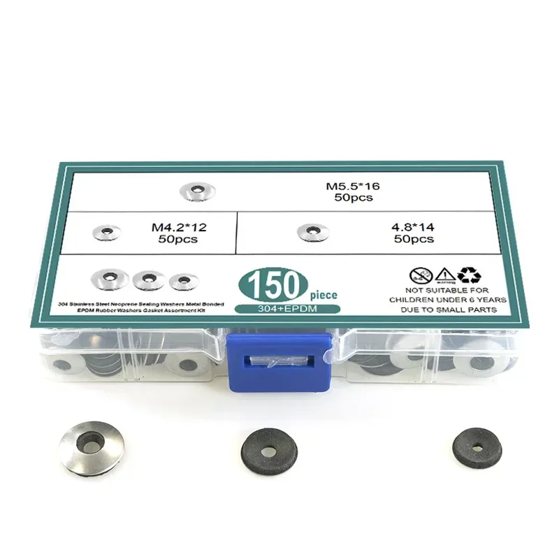 150pcs 304 Stainless Sealing Washers EPDM Rubber Waterproof Dustproof Compound Gaskets Φ4.2*12/Φ4.8*14 /Φ5.5*16 Non-slip Gasket