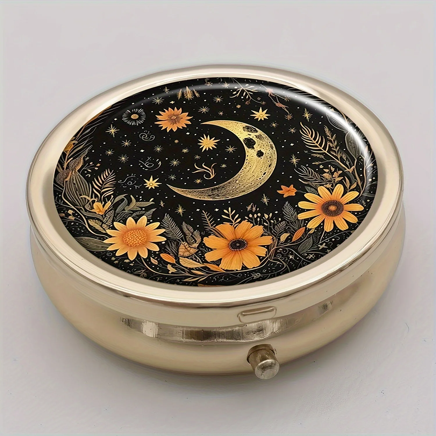 Golden Moon Themed Mini Pill Box, Three-Compartment Round Design, Artistic Floral and Celestial Patterns, Portable Travel Pill Box, Suitable for Wallets or Purses