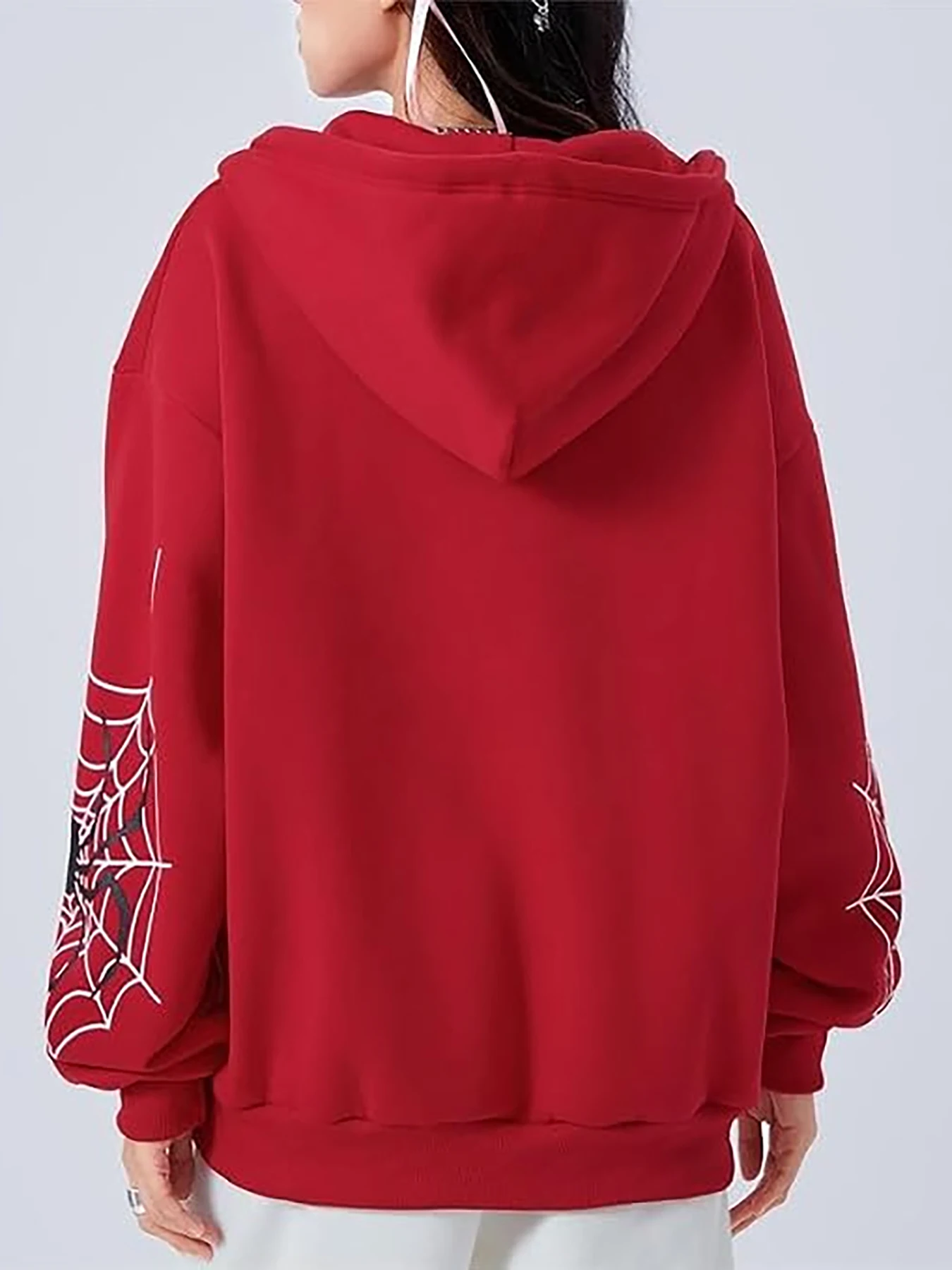 Y2K sweet and cool style autumn and winter women's hooded sweatshirt, spider pattern print, drop-shoulder long-sleeve zip-up hoodie, loose-fitting, slimming, simple and stylish design, suitable for daily commuting, women's clothing
